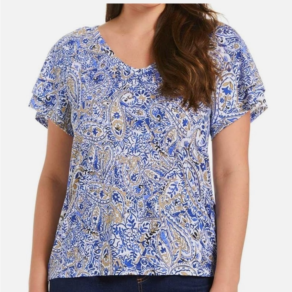 Rafaella Women's V-Neck Knit top, flounce sleeve Bell Sleeve. Size Large. NWT.